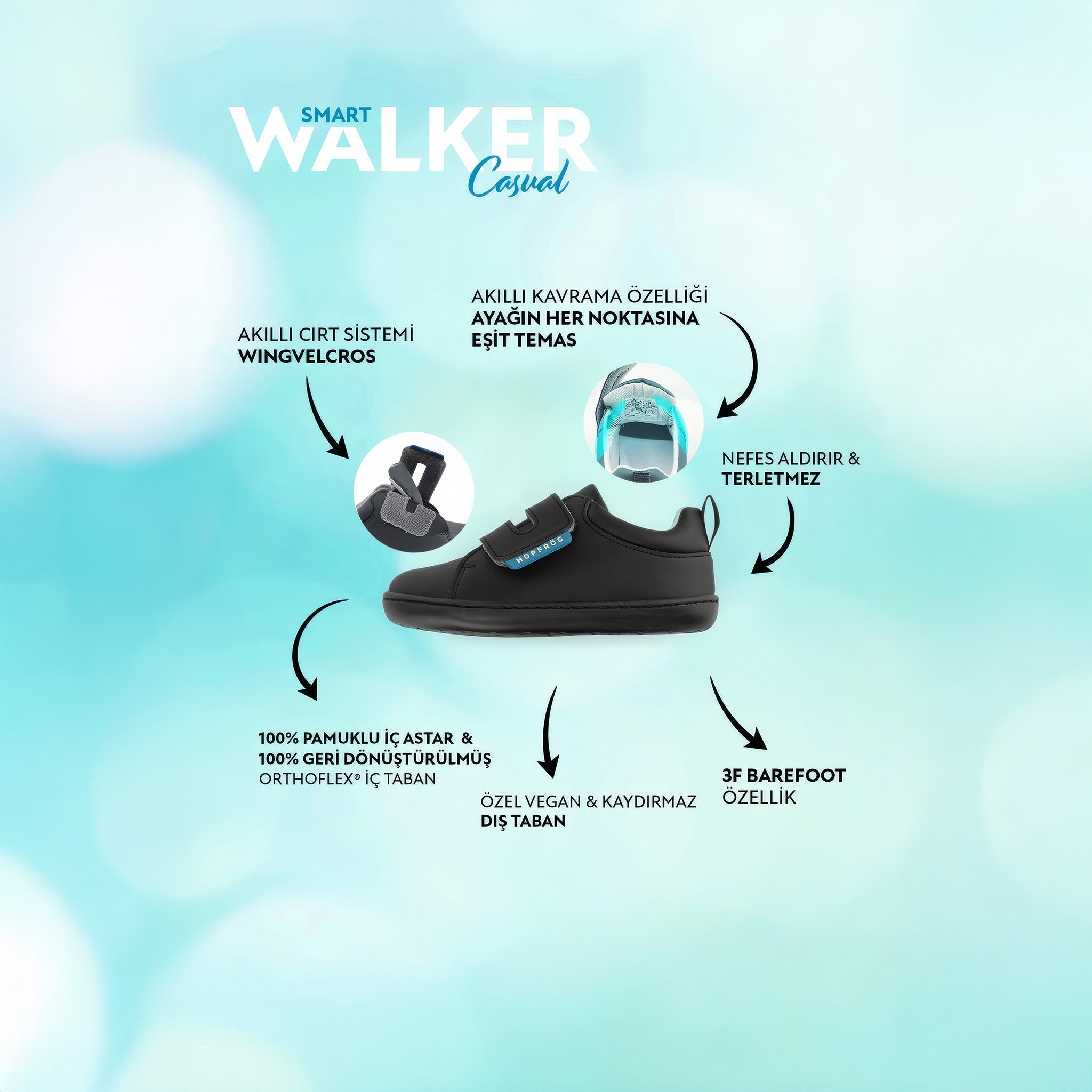 Smart Walker Casual | Süper Mat Siyah | Barefoot Çocuk Ayakkabısı