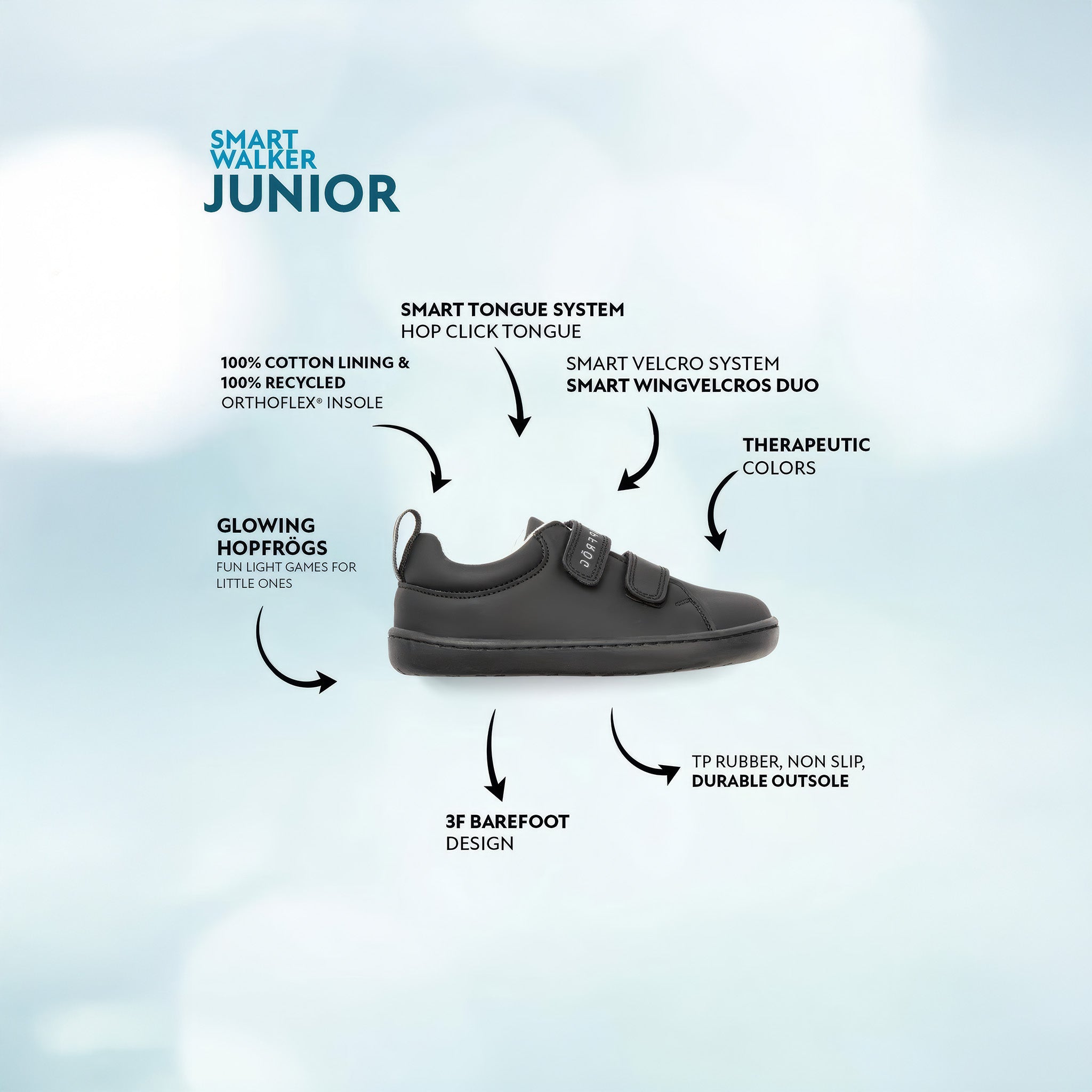 Smart Walker Junior | Süper Mat Siyah | Barefoot Çocuk Ayakkabısı