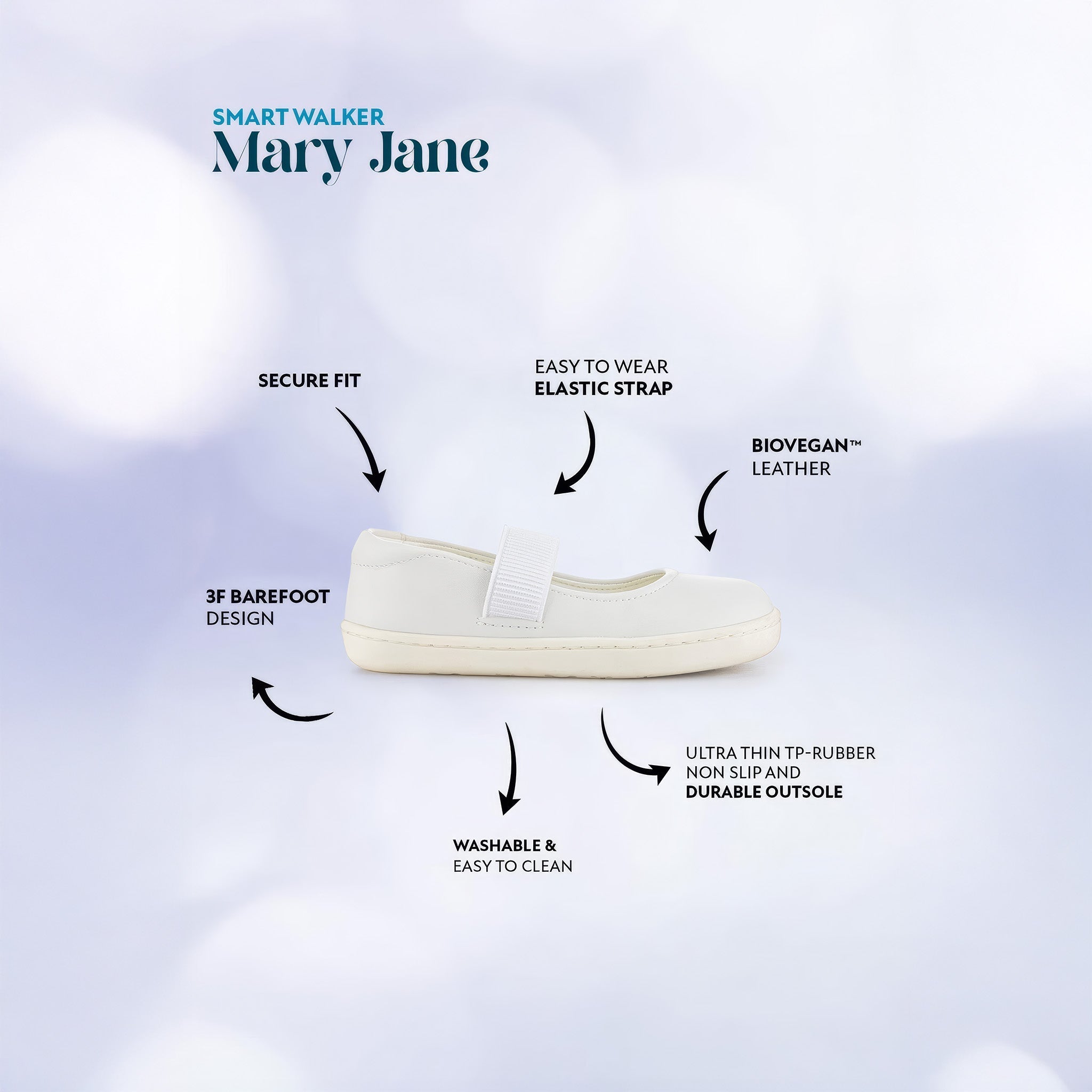 Smart Walker Mary Jane | Havalı Beyaz | Barefoot Kız Babet Ayakkabı