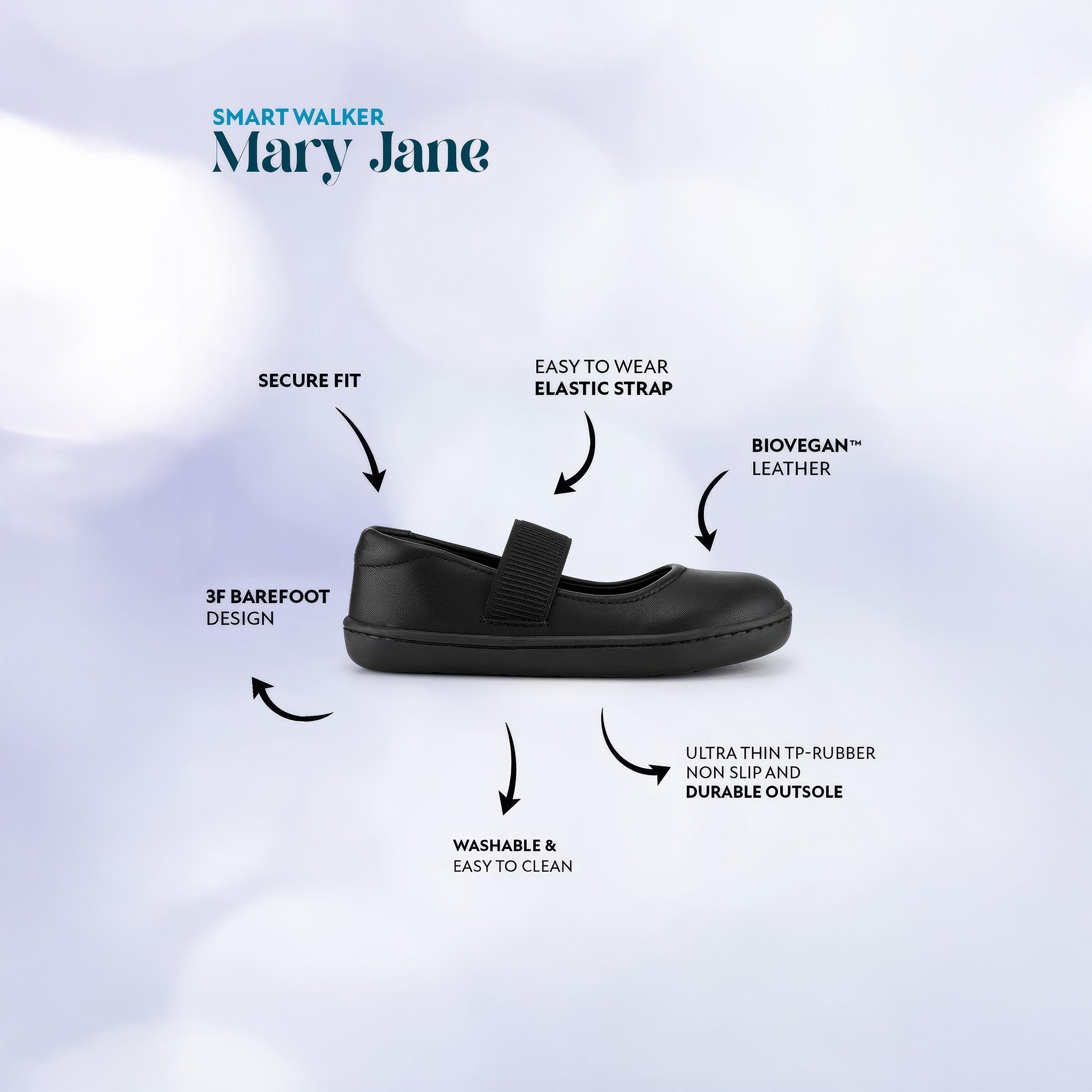 Smart Walker Mary Jane | Havalı Siyah | Barefoot Kız Babet Ayakkabı