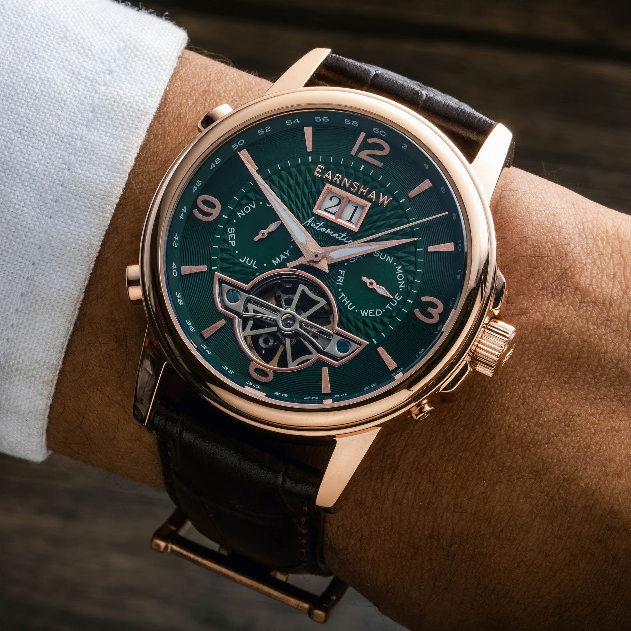 City Of London Marylebone Grand Date Calendar Open Heart Automatic | 42 mm | Hunter Rose Green