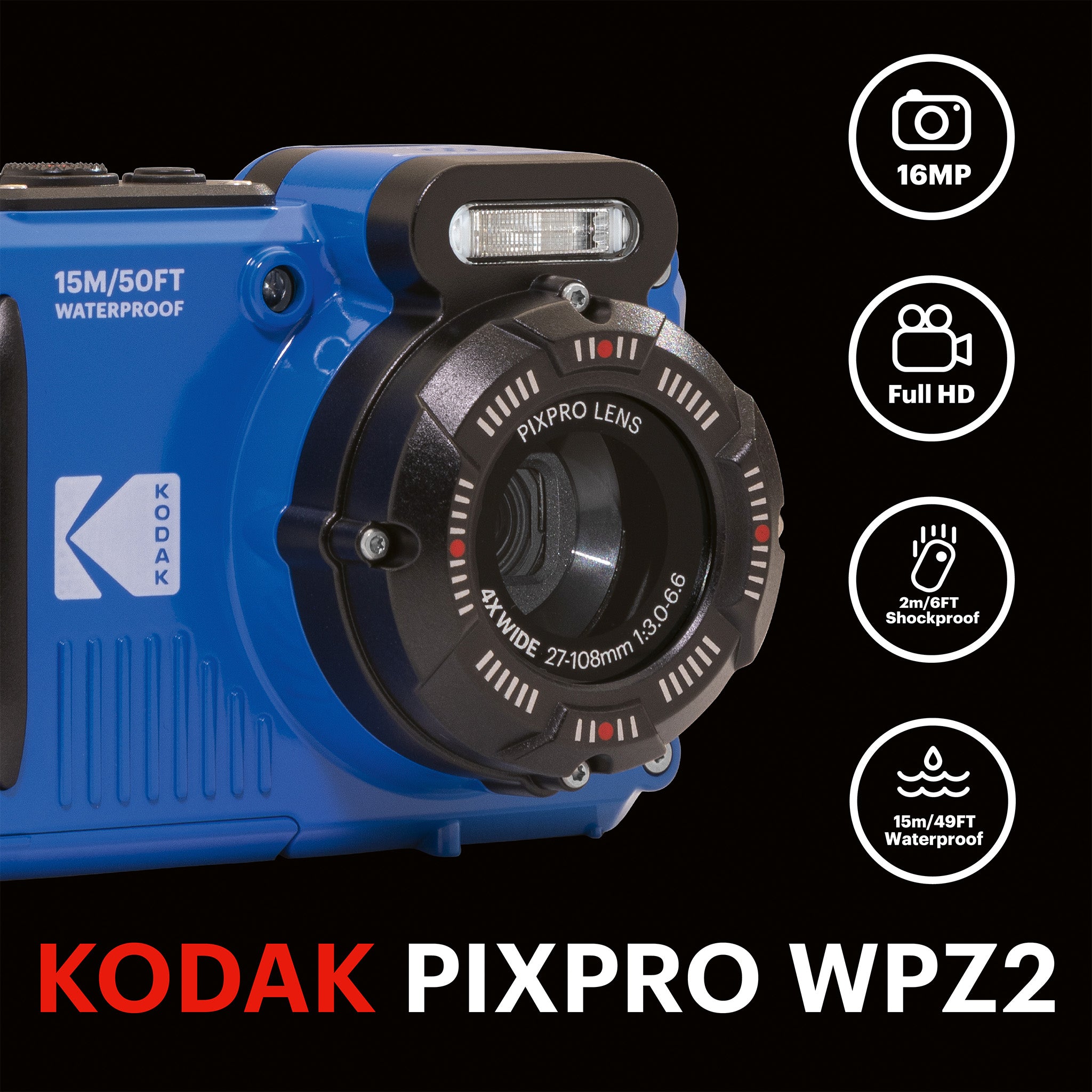 Pixpro WPZ2/4X Yakınlaştırma | Su Altı Fotoğraf Makinesi 16GB SD 2 Lityum Pil | Mavi