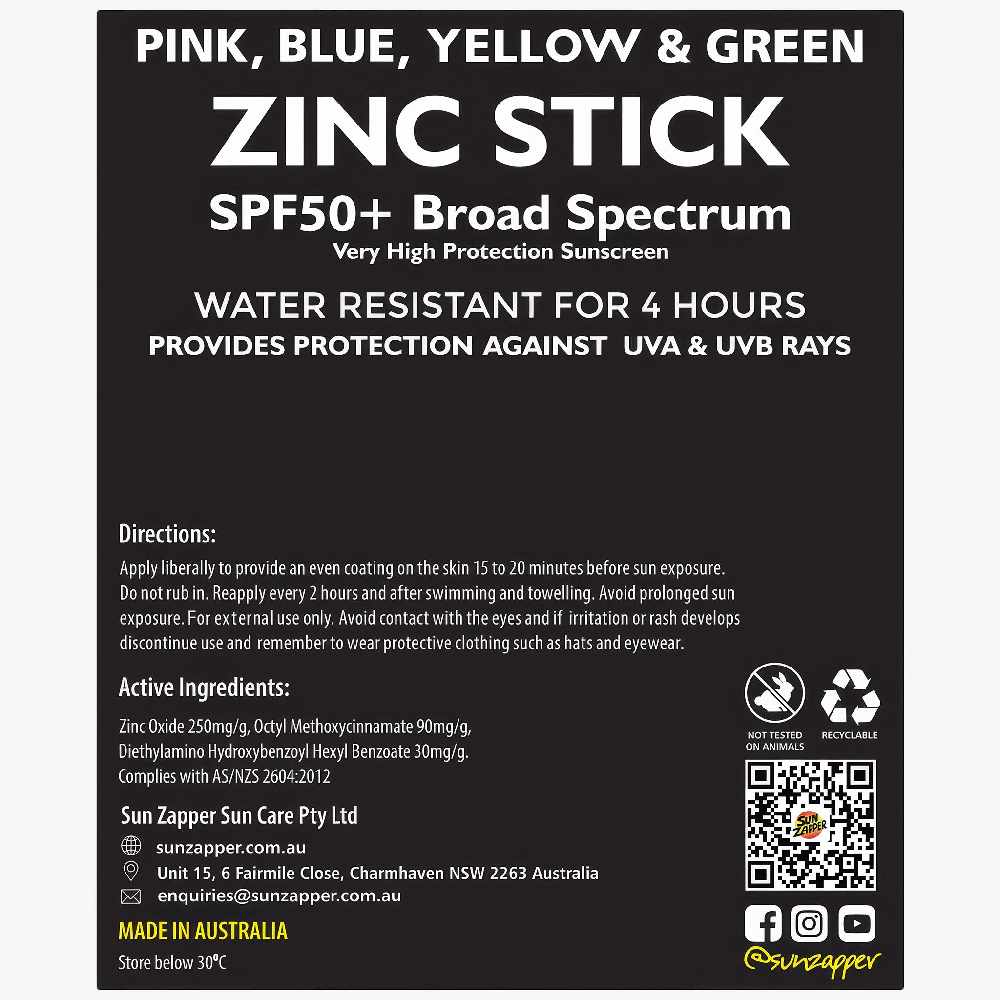 Zinc Stick Rainbow 4-Pack | 48g | Pink Blue Yellow Green