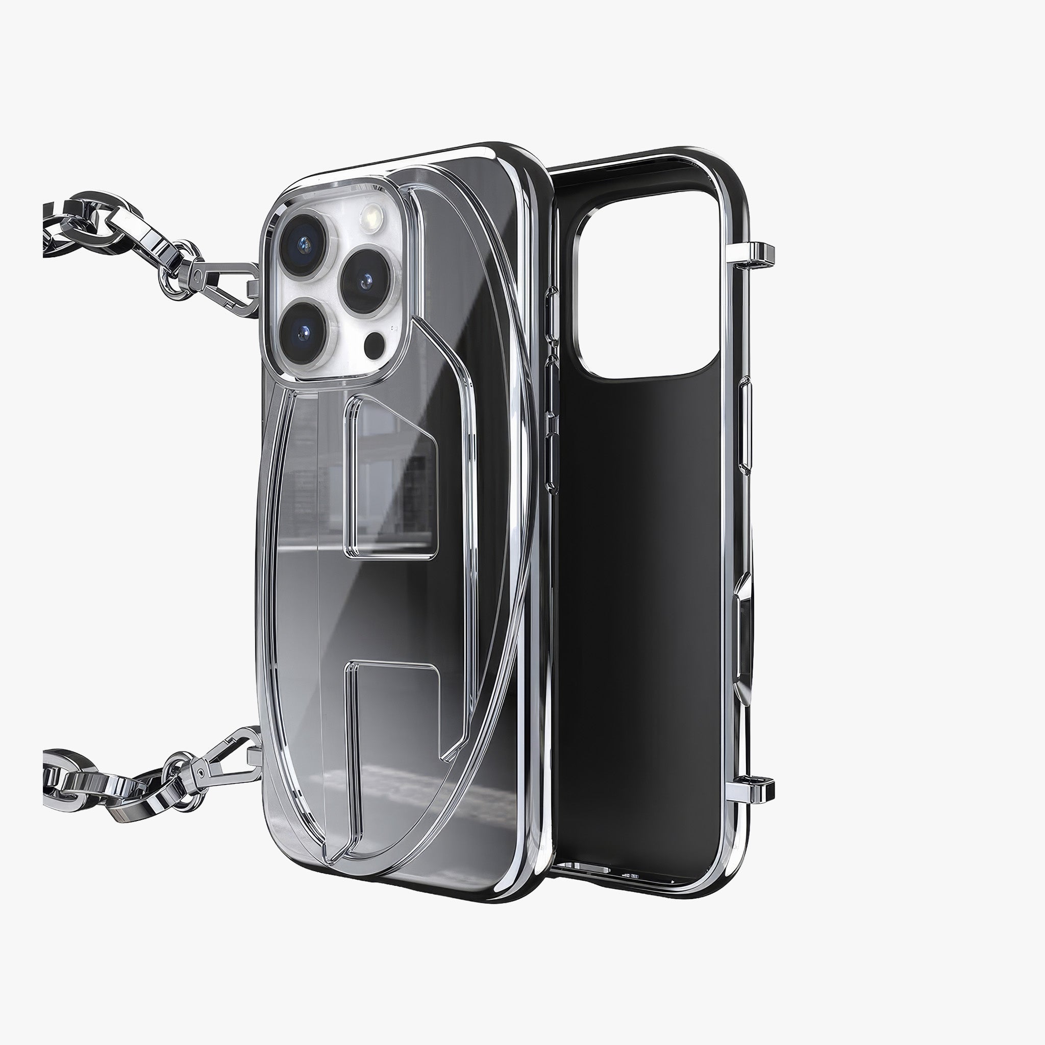iPhone 16 Pro Max Oval D Parlak Zincirli Kılıf | Gümüş