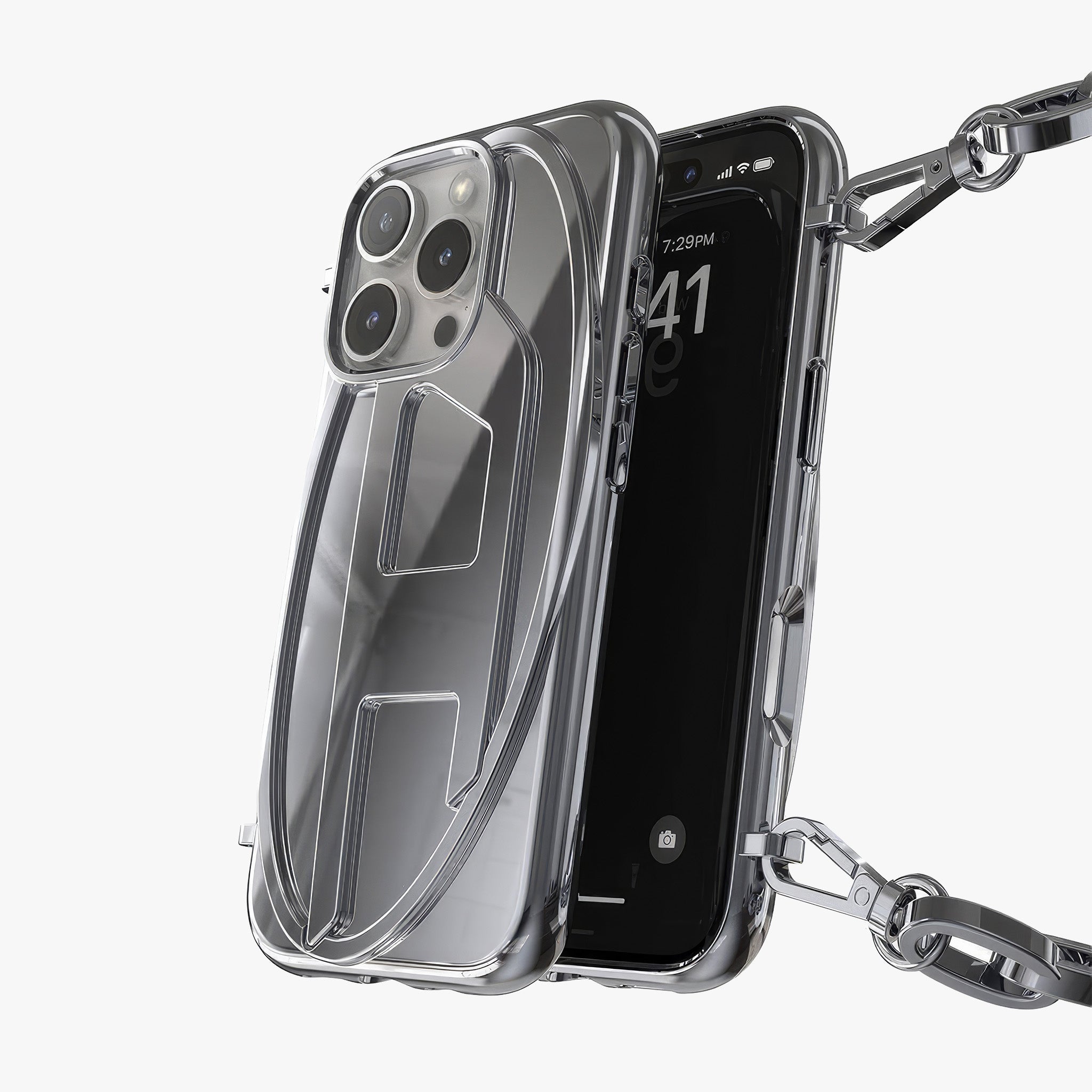 iPhone 16 Pro Oval D Parlak Zincirli Kılıf | Gümüş
